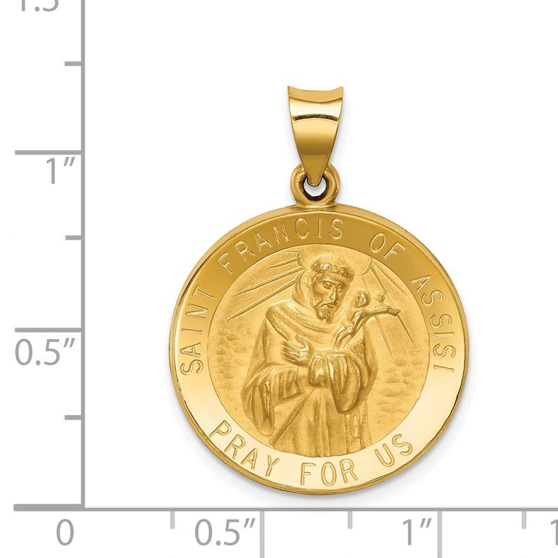 14k Polished and Satin Hollow St Francis of Assisi Medal Round Pendant