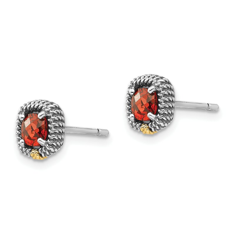 Sterling Silver with 14K Accent Antiqued Square Cushion Garnet Post Earrings