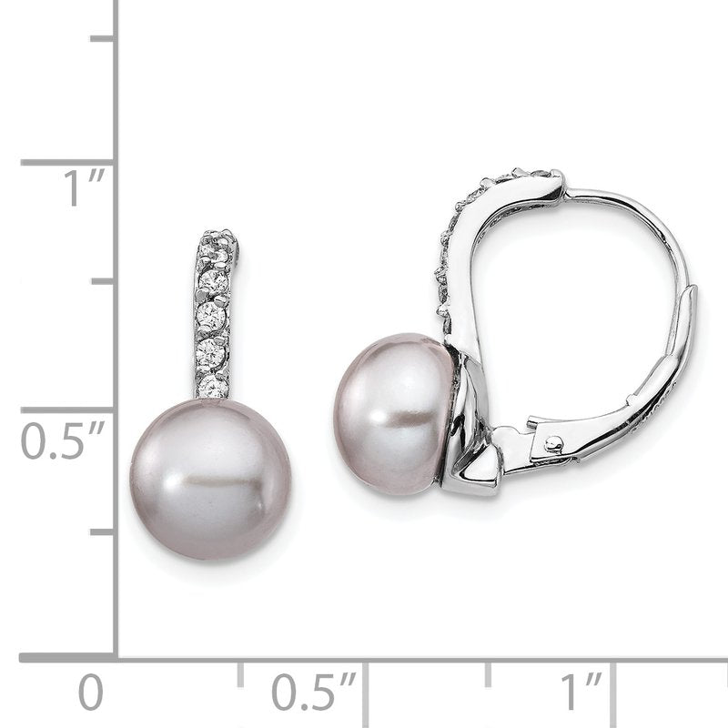 Sterling Silver Rhodium-plated Grey Freshwater Cultured Pearl and Brilliant-cut CZ Leverback Earrings