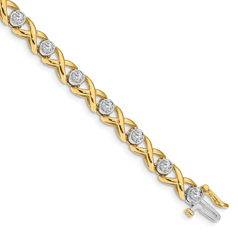 14k Two-tone Complete 1 carat Round AA Diamond 4-prong X-design 7 inch Tennis Bracelet