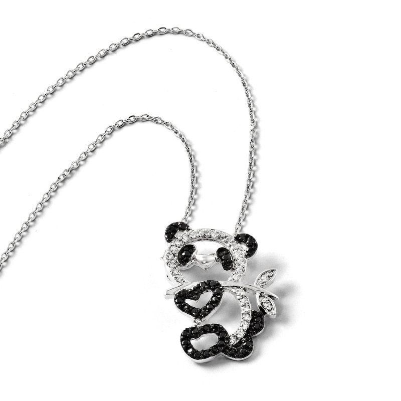 Sterling Silver Rhodium-plated with Black Rhodium Accent Brilliant-cut Black and White CZ Panda 18 Inch Necklace