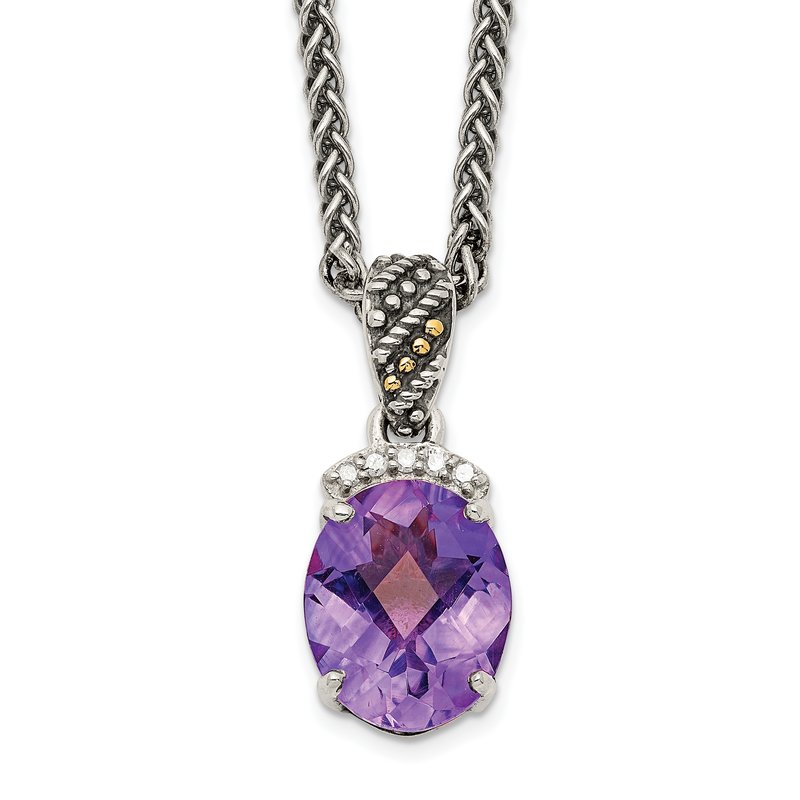 Sterling Silver with 14K Accent 18 Inch Antiqued Checkerboard-cut Oval Amethyst and Diamond Necklace