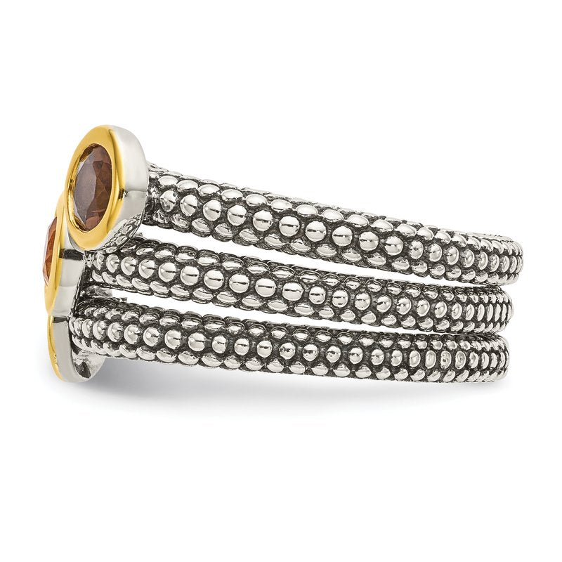 Sterling Silver Gold-tone Flash Gold-plated Antiqued Round Bezel .30Garnet/.20Citrine/.20Smoky Quartz 3 Stackable Rings