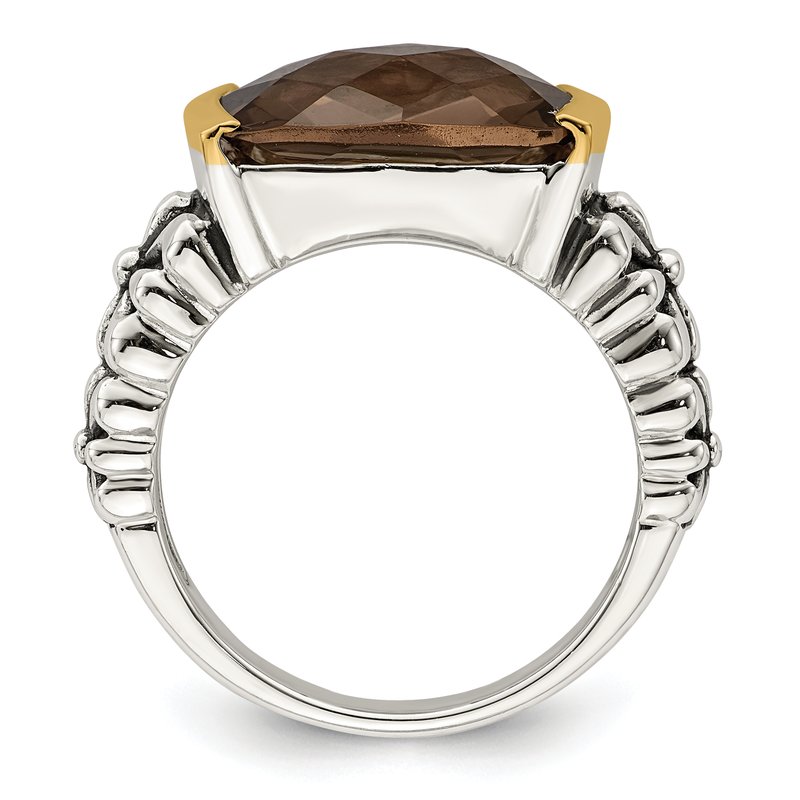 Sterling Silver with 14K Accent Antiqued Cushion Checkerboard Smoky Quartz Ring