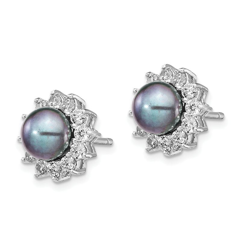 Sterling Silver Rhodium-plated Black Freshwater Cultured Pearl and Brilliant-cut CZ Post Earrings