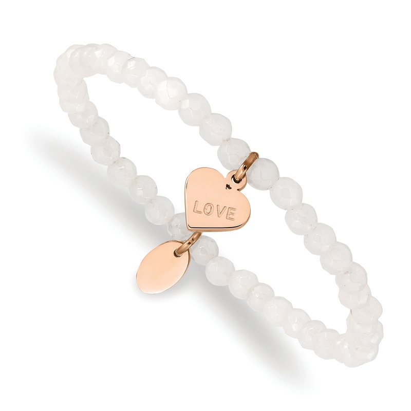 Stainless Steel Polished Rose IP-plated LOVE Heart 4mm Jade Beaded Stretch Bracelet