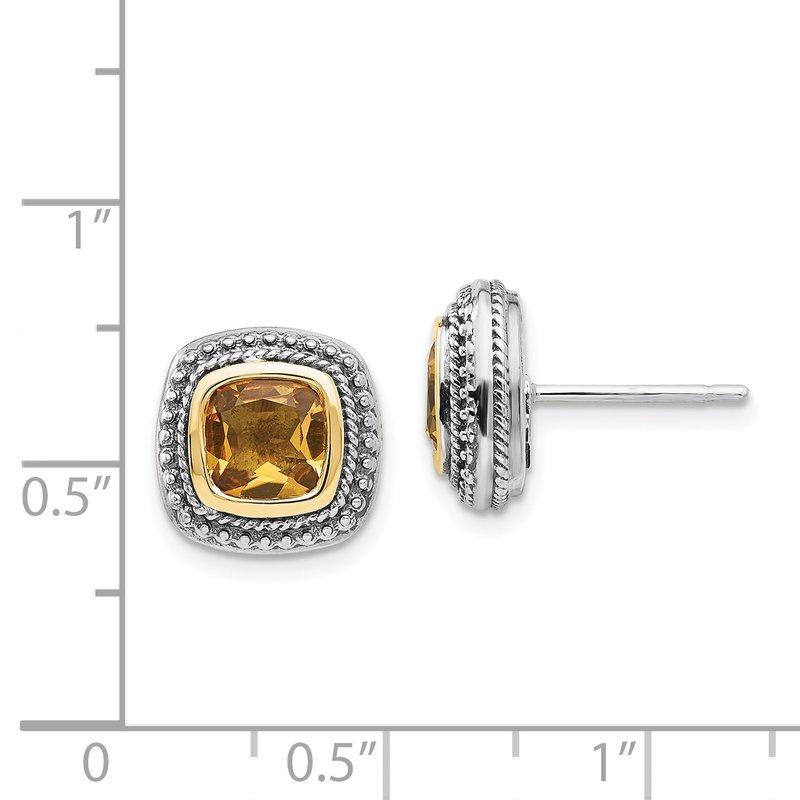 Sterling Silver with 14K Accent Antiqued Cushion Bezel Citrine Post Earrings