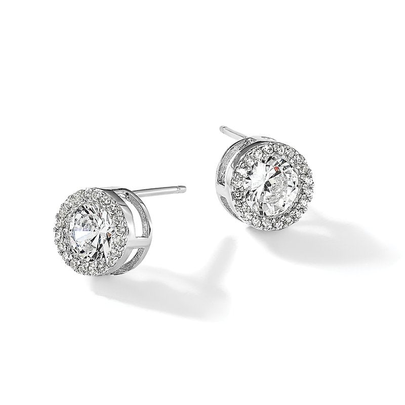 Sterling Silver Rhodium-plated Brilliant-cut CZ Halo Post Earrings