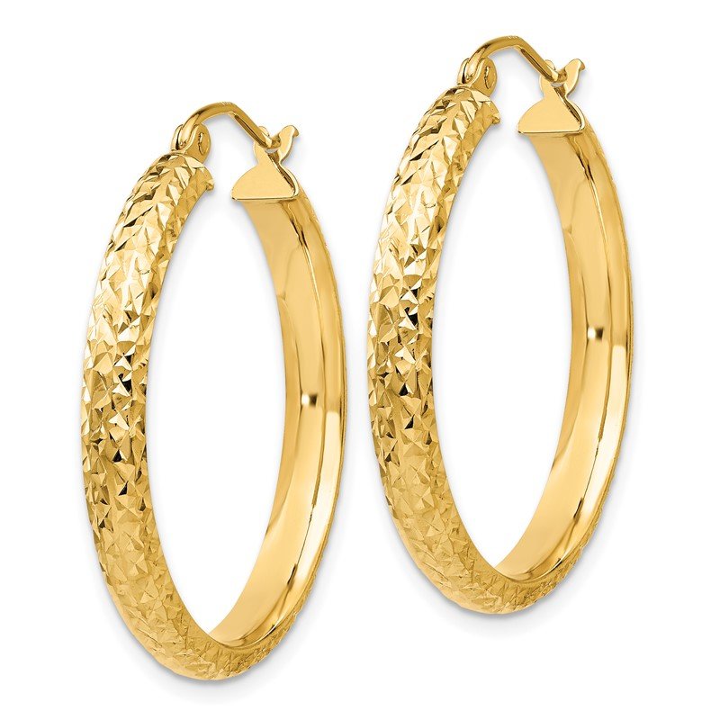 14K Diamond-cut 3.5x28mm Hollow Hoop Earrings