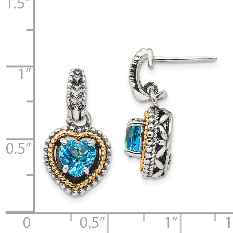 Sterling Silver with 14K Accent Antiqued Blue Topaz Heart Post Dangle Earrings
