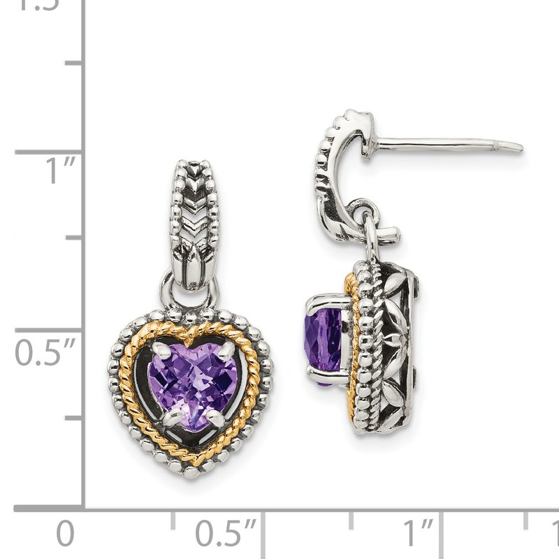 Sterling Silver with 14K Accent Antiqued Amethyst Heart Post Dangle Earrings