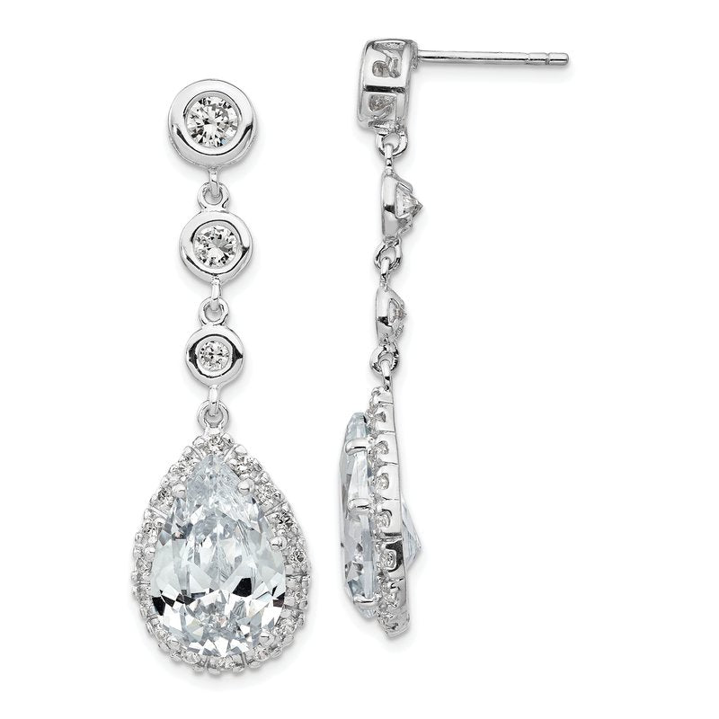 Sterling Silver Rhodium-plated Brilliant-cut CZ Bezel & Teardrop Halo Post Dangle Earrings
