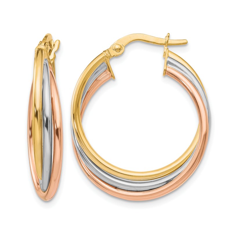 10K Tri-color Polished and Textured Twisted Hoop Earrings
