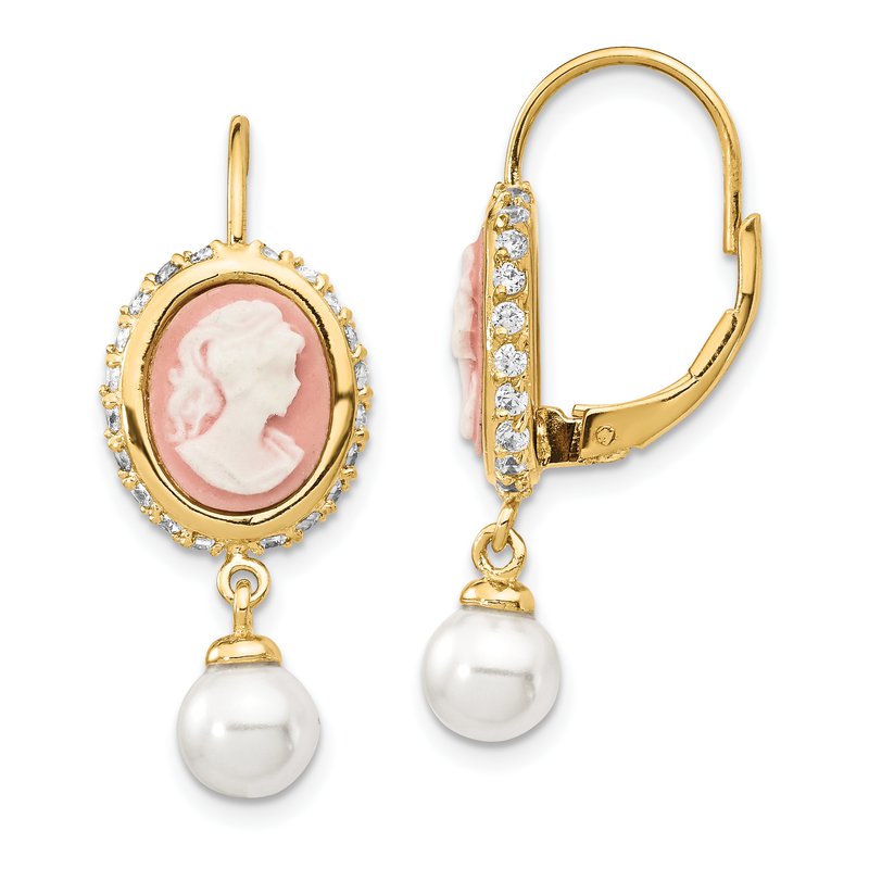 Sterling Silver Gold-plated Glass Pearl Brilliant-cut CZ &amp; Resin Cameo Leverback Dangle Earrings