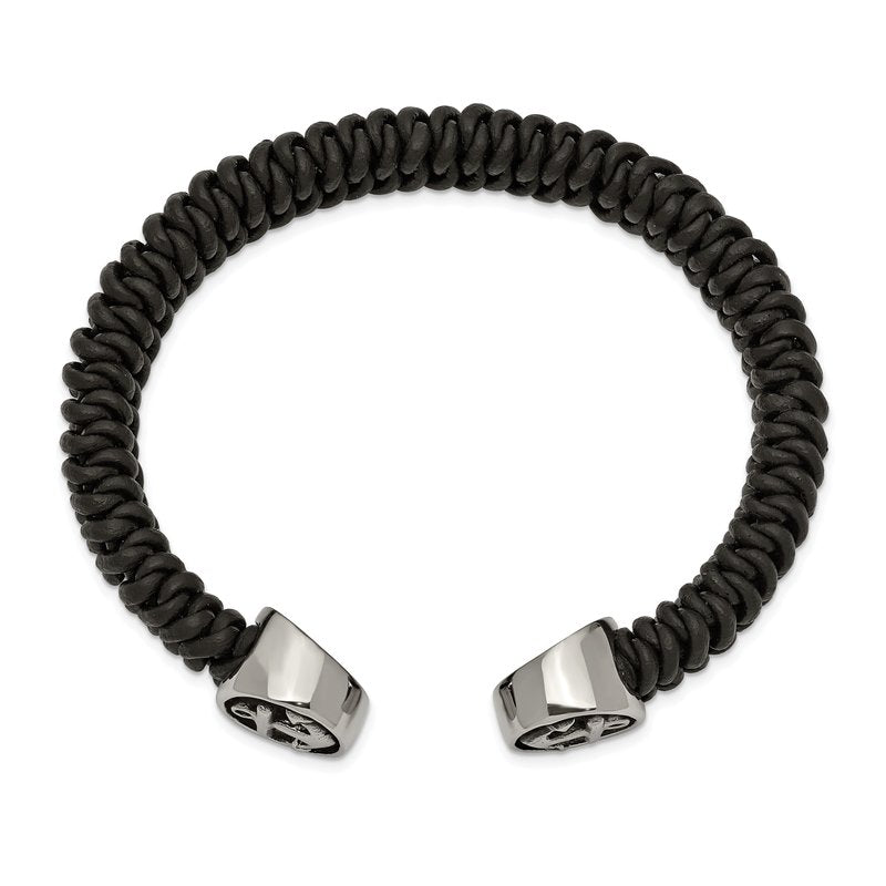 Stainless Steel Antiqued and Polished Black Leather Anchor Cuff Bangle
