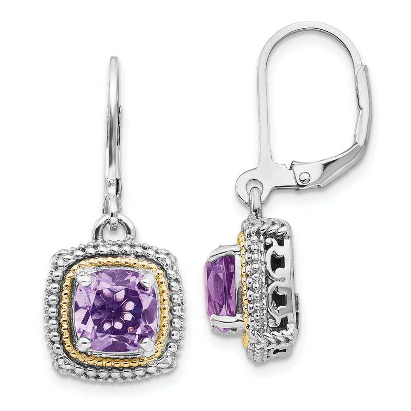Sterling Silver with 14K Accent Antiqued Cushion Amethyst Leverback Earrings