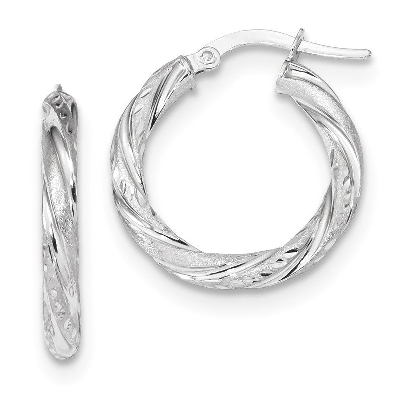 14k White Gold 3mm Polished &amp; Satin D/C Hoop Earrings