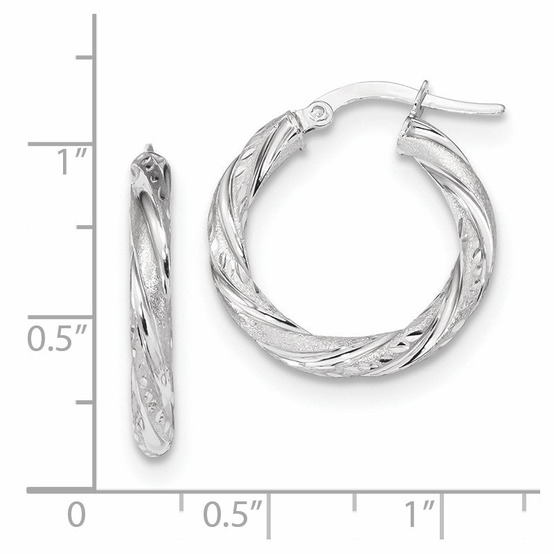 14k White Gold 3mm Polished &amp; Satin D/C Hoop Earrings