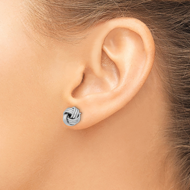 14K with White Rhodium Plating Knot Polished D/C Post Earrings