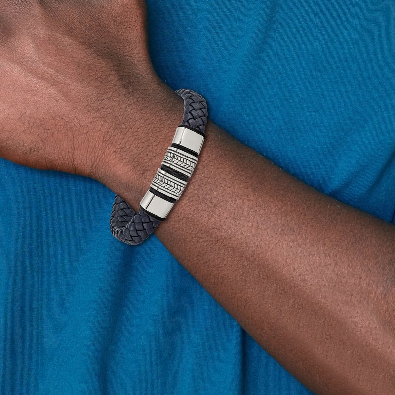 Stainless Steel Antiqued and Polished Braided Blue Leather with Black Silicone 8.25 inch Bracelet