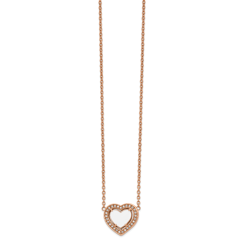 Stainless Steel Polished Rose IP-plated White Enamel with CZ Heart on a 19 inch Cable Chain with a 2 inch Extension Necklace