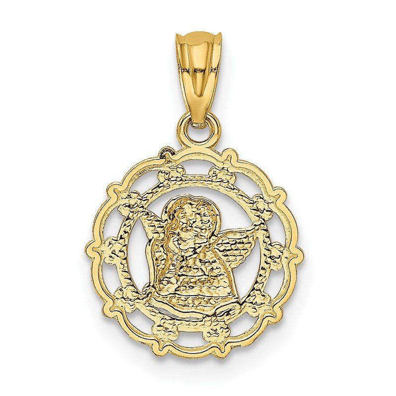 14k and White Rhodium Scalloped Frame Cherub Round Pendant