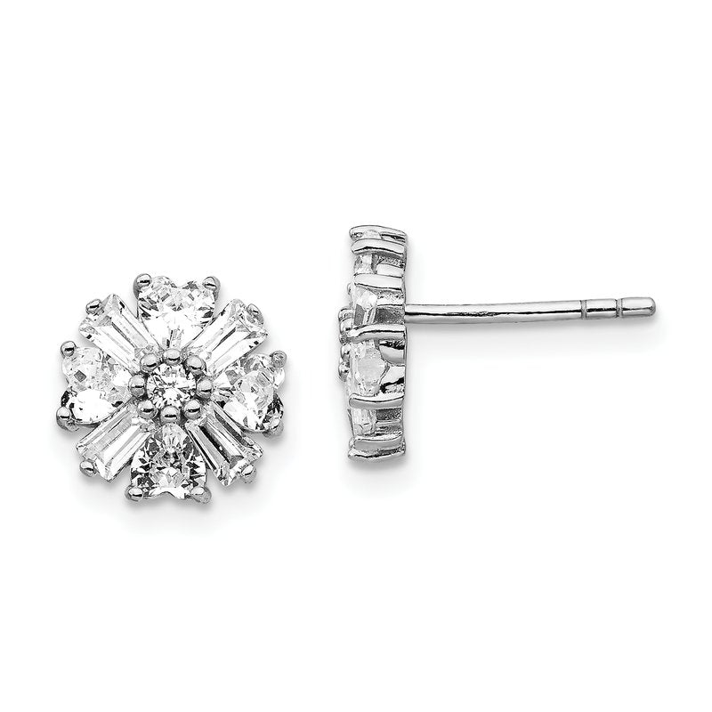 Sterling Silver Rhodium-plated Emerald-cut and Brilliant-cut CZ Cluster Post Earrings