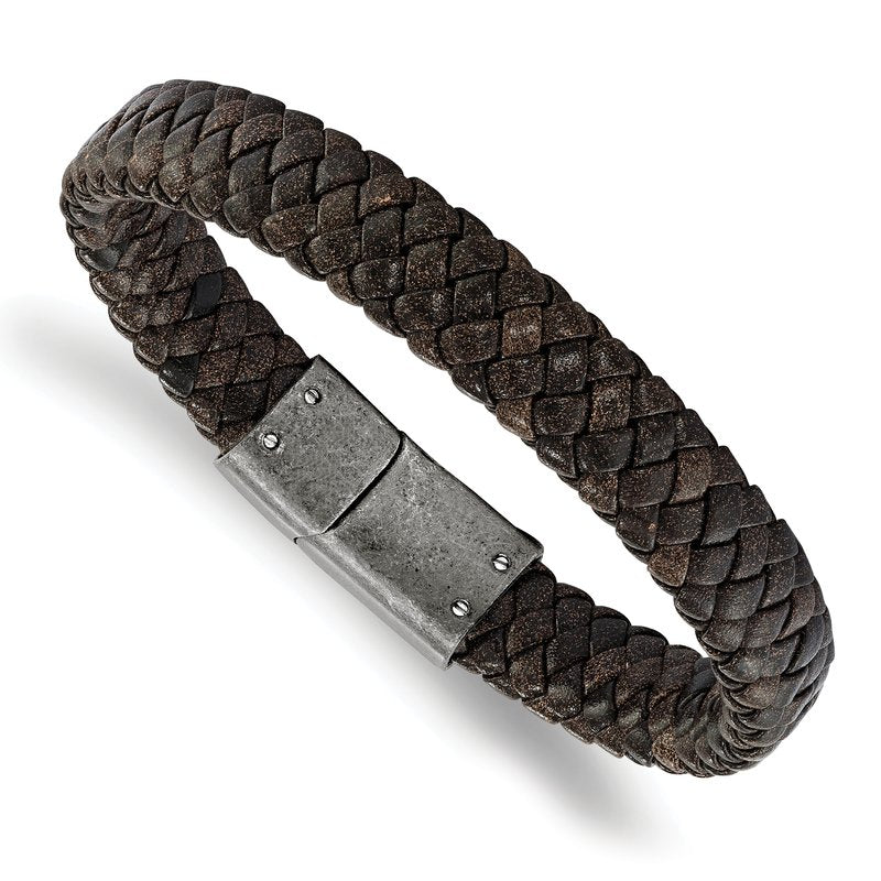 Stainless Steel Antiqued and Brushed Brown Braided Leather 8.25 inch Bracelet