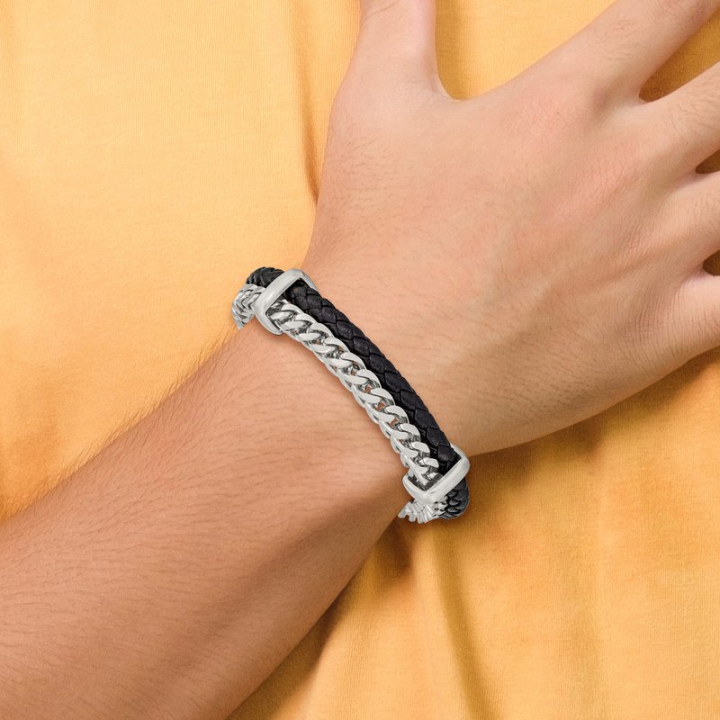 Stainless Steel Brushed Chian and Black Braided Leather 8 inch Bracelet with .5 inch Extension