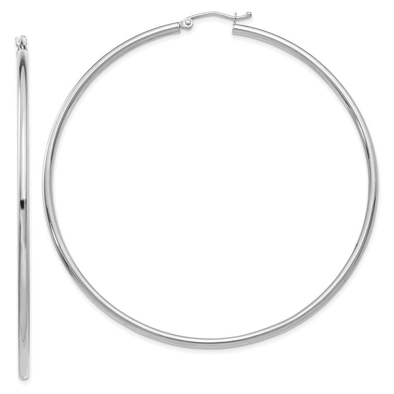 14K White Gold 2.5x65mm Polished Lightweight Tube Hoop Earrings