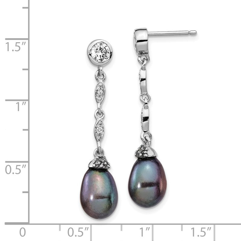 Sterling Silver Rhodium-plated Black Teardrop Freshwater Cultured Pearl and Brilliant-cut CZ Bezel Post Dangle Earrings