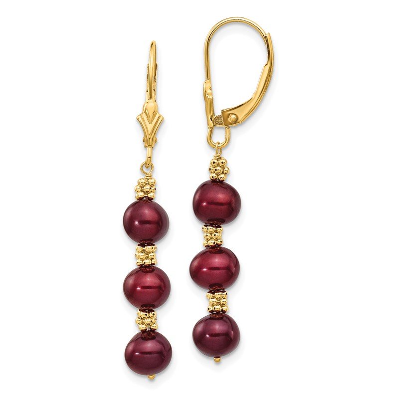 14k 5-6mm Brown Semi-Round Freshwater Cultured Pearl Dangle Leverback Earrings