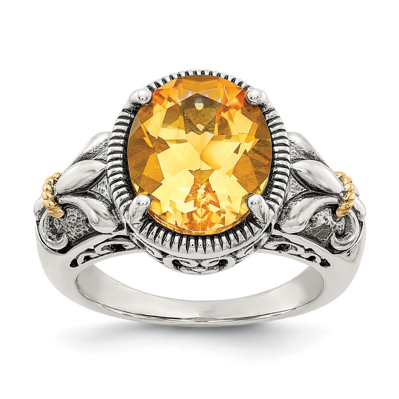 Sterling Silver with 14K Accent Antiqued Oval Citrine Ring