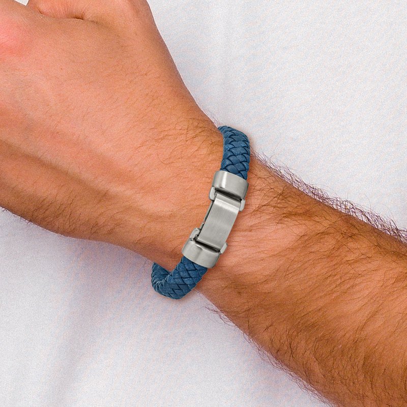 Stainless Steel Brushed Blue Leather 8.25 inch Bracelet