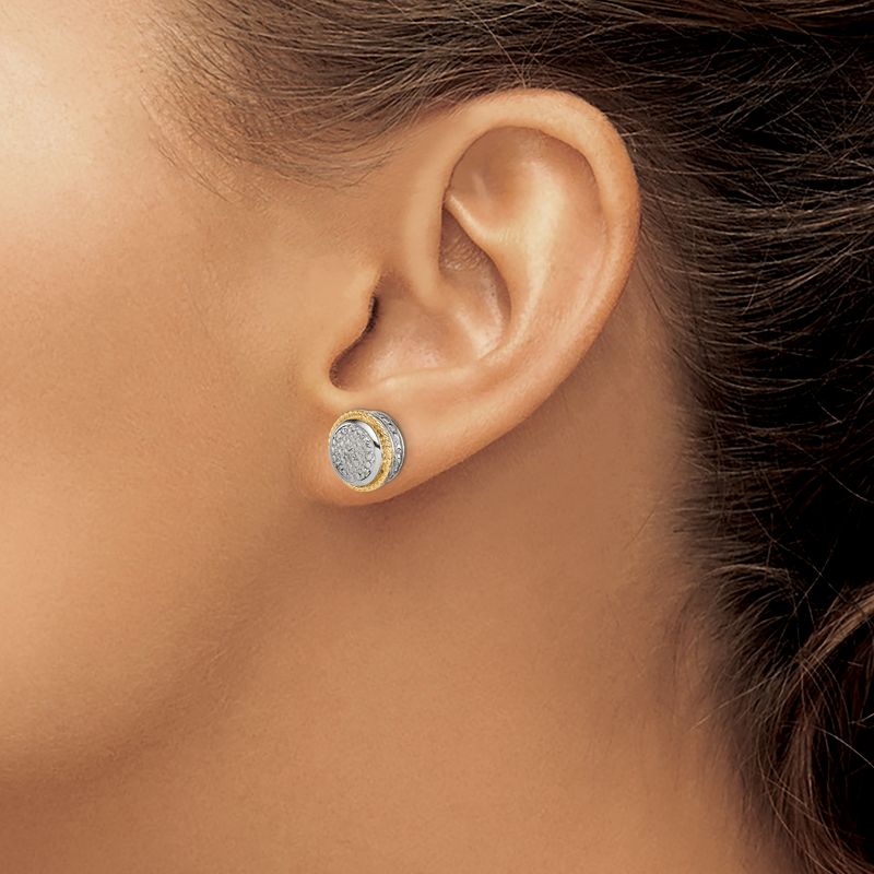 Sterling Silver Rhodium-plated with 14K Accent Polished Diamond Post Earrings
