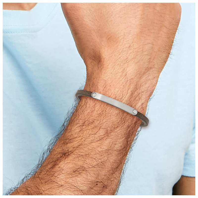Stainless Steel Brushed Brown Leather 8.25 inch ID Bracelet