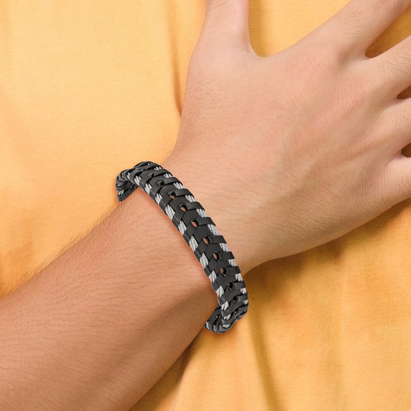 Stainless Steel Polished Cable and Black Leather 8.25 inch Bracelet