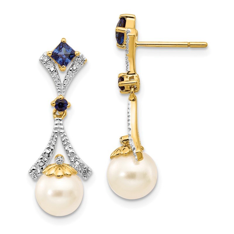 14k 7-8mm White Round Freshwater Cultured Pearl/Lab Created Sapphire/.03 carat Diamond Dangle Post Earrings