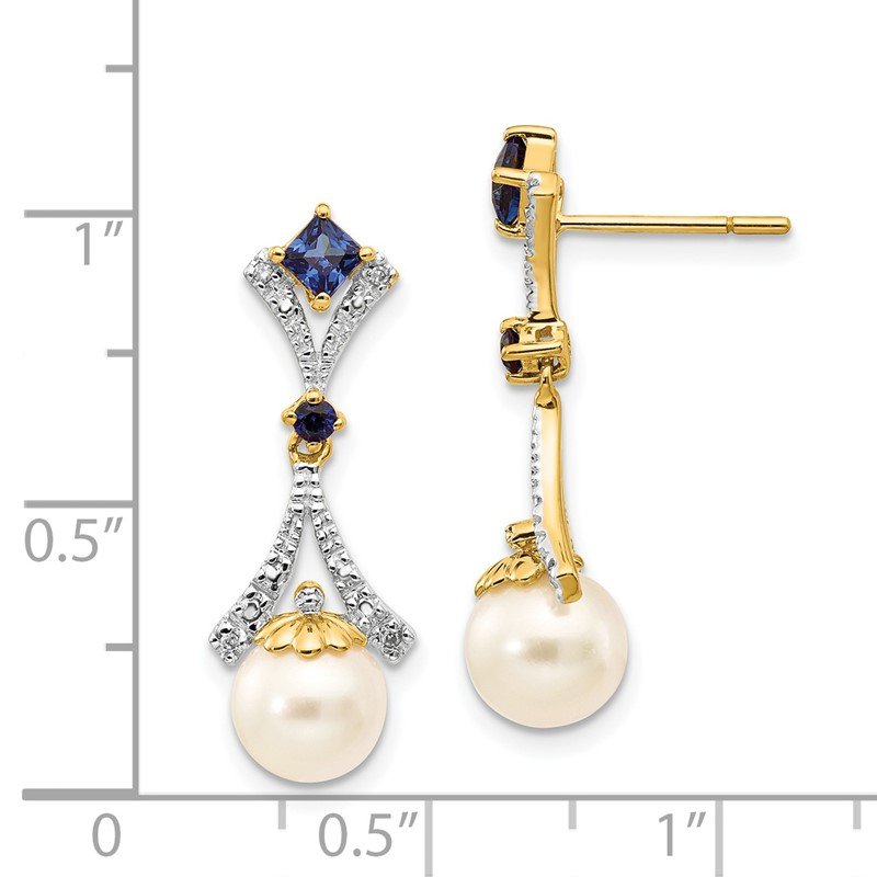 14k 7-8mm White Round Freshwater Cultured Pearl/Lab Created Sapphire/.03 carat Diamond Dangle Post Earrings
