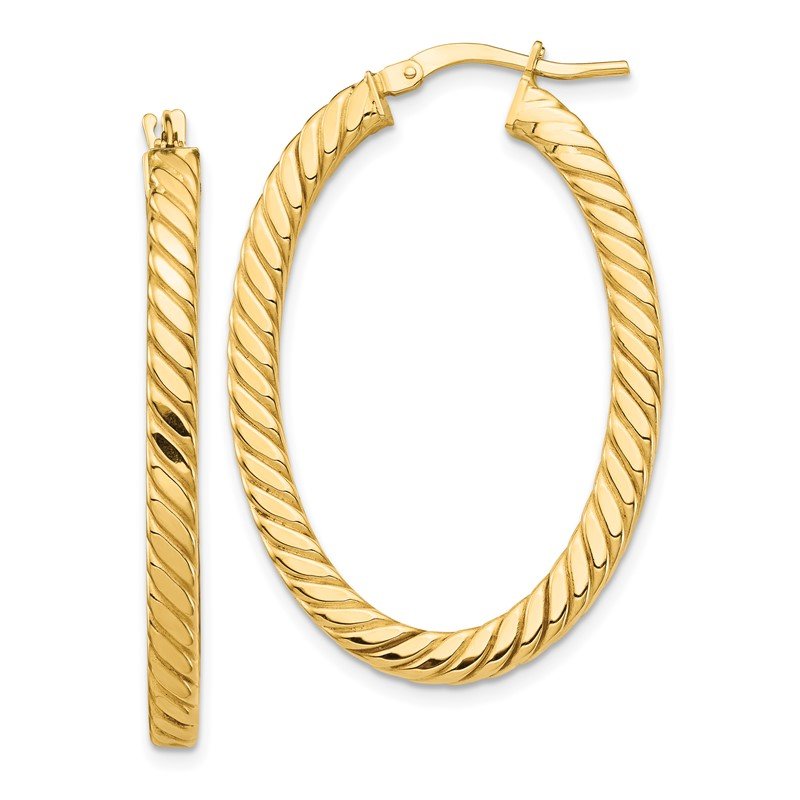 14k Polished &amp; Twisted 3mm Square Tube Oval Hoop Earrings
