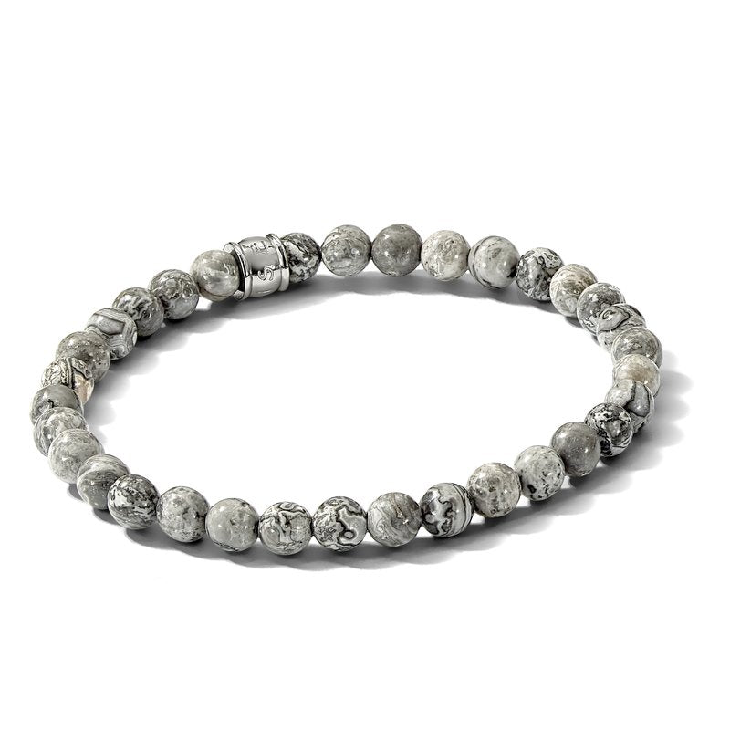 Stainless Steel Polished 6mm Grey Jasper Beaded Stretch Bracelet