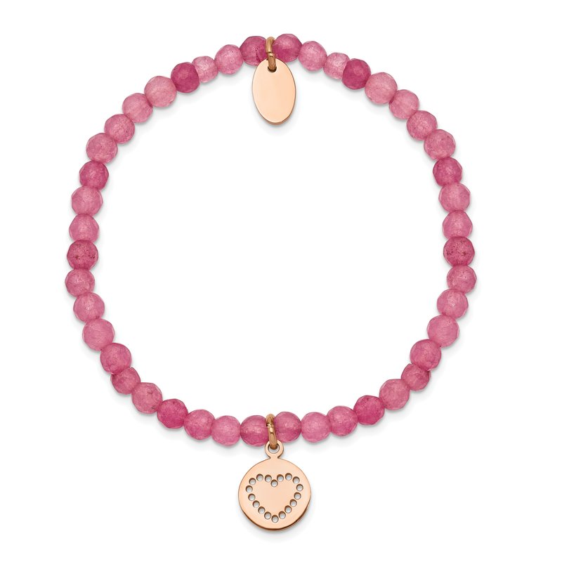 Stainless Steel Polished Rose IP-plated Heart 4mm Pink Jade Beaded Stretch Bracelet