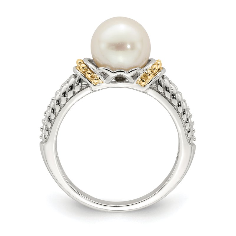 Sterling Silver Rhodium-plated with 14K Accent 8-9mm Freshwater Cultured Pearl Ring