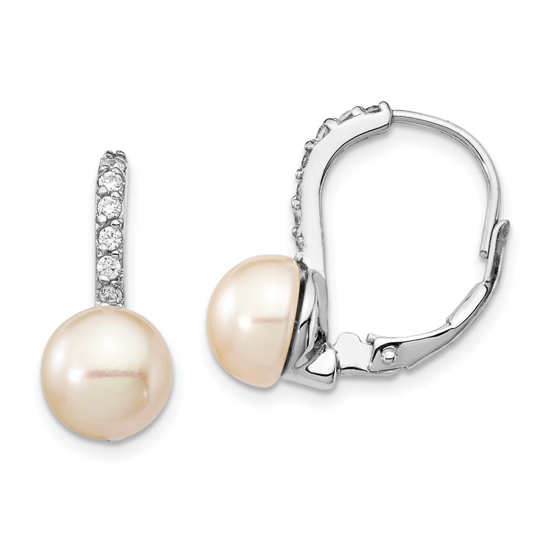 Sterling Silver Rhodium-plated Freshwater Cultured Pearl and Brilliant-cut CZ Leverback Earrings