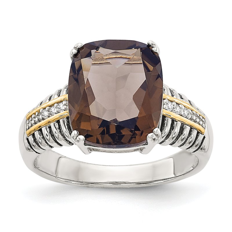 Sterling Silver with 14K Accent Antiqued Cushion Smoky Quartz and Diamond Ring