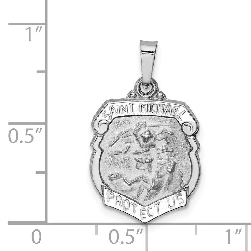 14k White Gold Polished and Satin Hollow Small St Michael Medal Badge Pendant