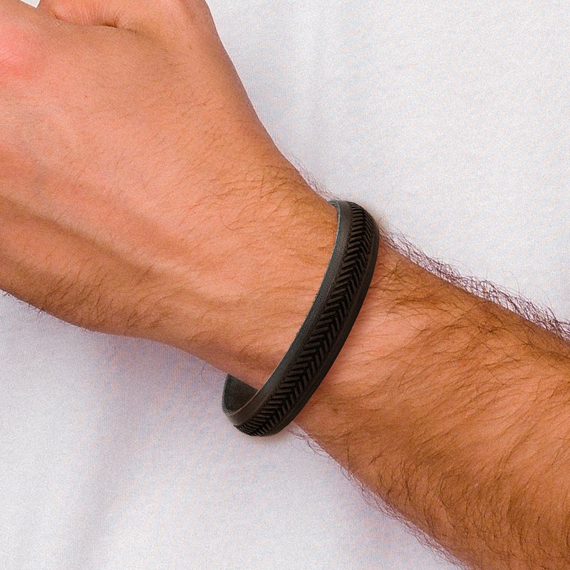 Stainless Steel Polished Textured Black Italian Leather 8.75 inch Bracelet