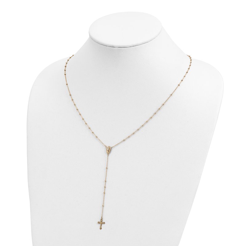 14k Polished Crucifix and Miraculous Medal 2mm Beaded 19.5 inch Rosary Necklace
