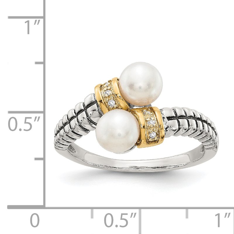 Sterling Silver with 14K Accent Antiqued 5.5-6mm Freshwater Cultured Pearl and Diamond By-Pass Ring