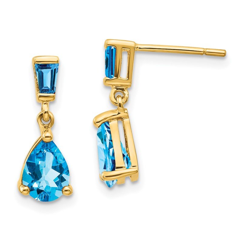14k Pear/Baguette Blue Topaz Dangle Post Earrings